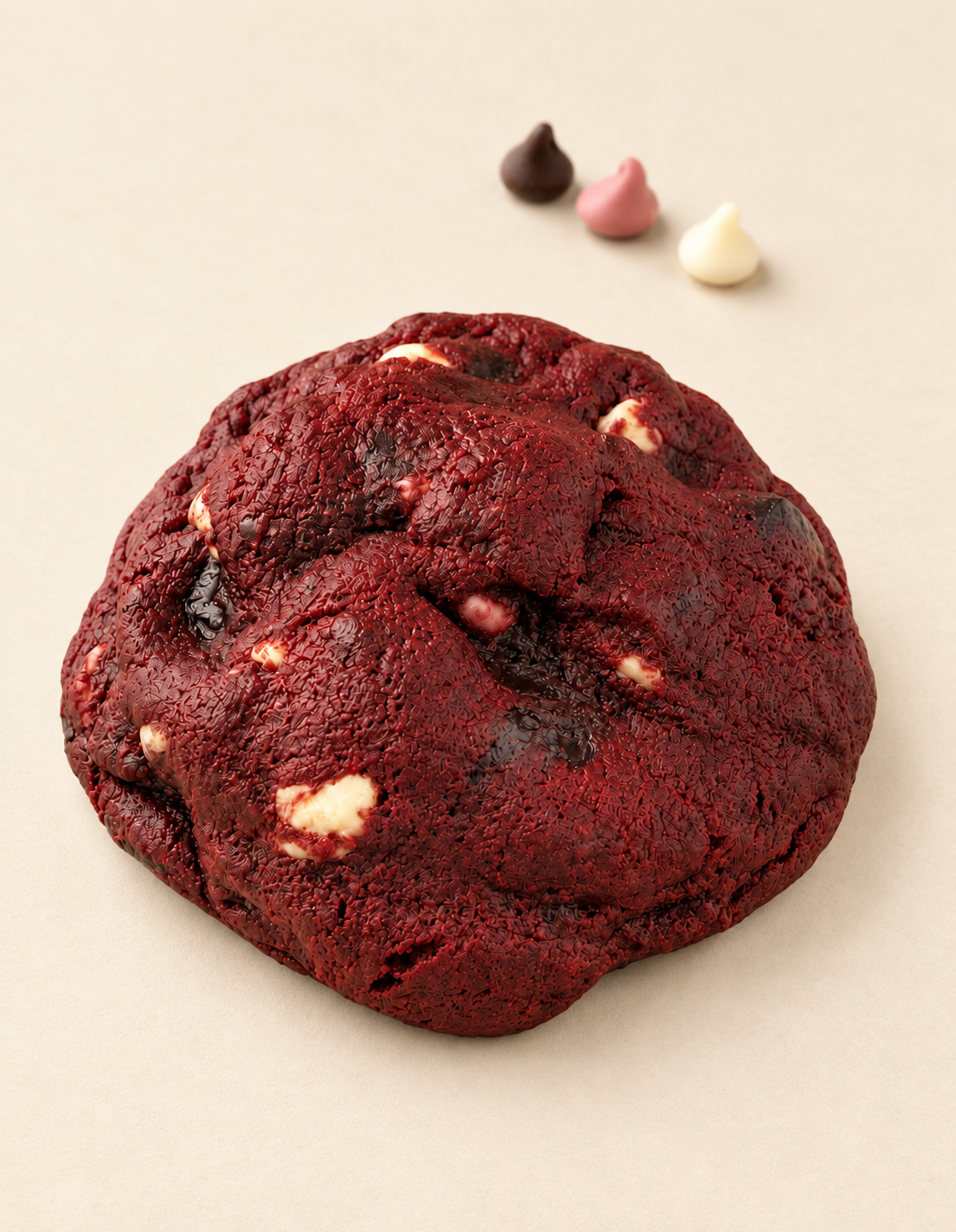 A large red velvet chocolate chip cookie with white chocolate chips, photographed on a light beige background with three small chocolate kisses in the background.